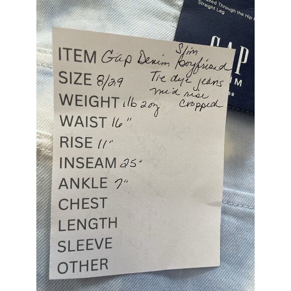 GAP Denim Jeans Size 8/29 Blue White Tie Dye SLIM BOYFRIEND Mid Rise Cropped NEW - Picture 12 of 12